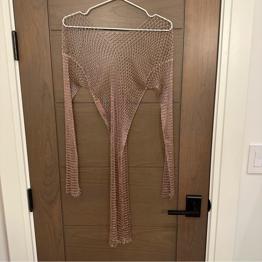 Skims RHINESTONE COVER UP LONG SLEEVE MINI DRESS | CINNAMON XXS-S